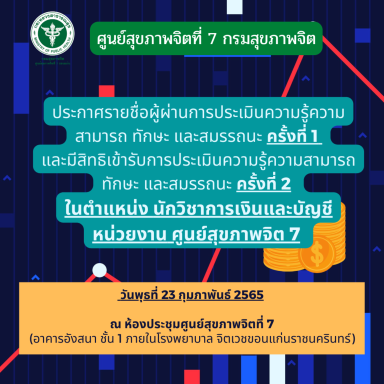 ประกาศรายชื่อผู้ผ่านการประเมินความรู้ความสามารถ ทักษะ และสมรรถนะ ครั้งที่ 1  และมีสิทธิเข้ารับการประเมินความรู้ความสามารถ ทักษะ และสมรรถนะ ครั้งที่ 2  ในตำแหน่ง นักวิชาการเงินและบัญชี