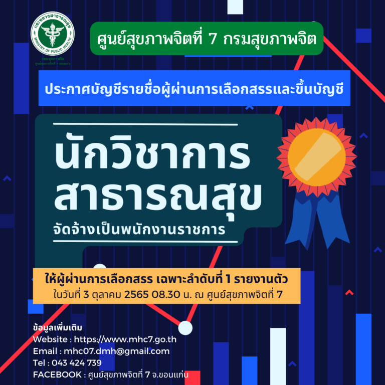 ประกาศบัญชีรายชื่อผู้ผ่านการเลือกสรรเพื่อจัดจ้างเป็นพนักงานราชการ ในตำแหน่งนักวิชาการสาธารณสุข ศูนย์สุขภาพจิตที่ 7