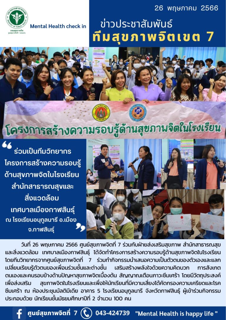 ร่วมเป็นทีมวิทยากร โครงการสร้างความรอบรู้ ด้านสุขภาพจิตในโรงเรียน สำนักสาธารณสุขและ สิ่งแวดล้อม เทศบาลเมืองกาฬสินธุ์ ณ โรงเรียนอนุกูลนารี อ.เมือง จ.กาฬสินธุ์