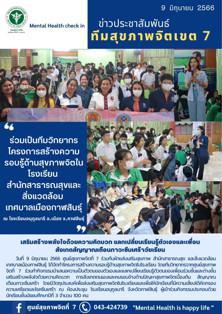 ร่วมเป็นทีมวิทยากร โครงการสร้างความ รอบรู้ด้านสุขภาพจิตใน โรงเรียน สำนักสาธารณสุขและ สิ่งแวดล้อม เทศบาลเมืองกาฬสินธุ์ ณ โรงเรียนอนุกูลนารี อ.เมือง จ.กาฬสินธุ์
