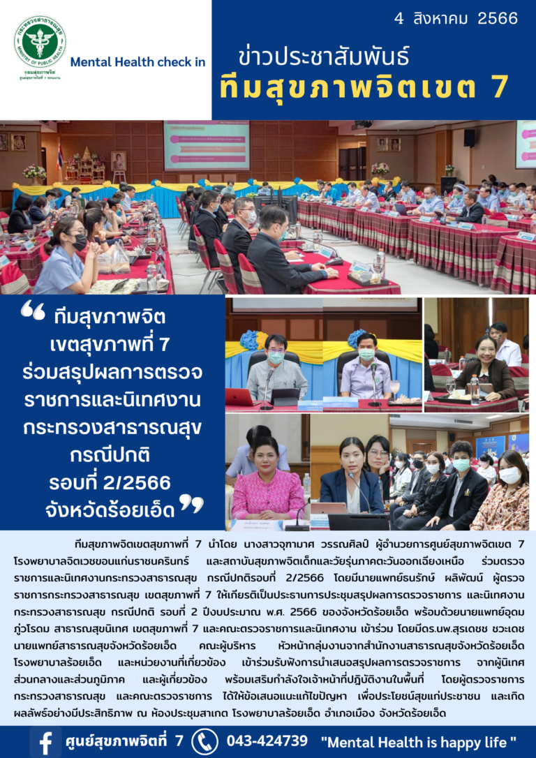 ทีมสุขภาพจิต เขตสุขภาพที่ 7 ร่วมสรุปผลการตรวจ ราชการและนิเทศงาน กระทรวงสารารณสุข กรณีปกติ รอบที่ 21/2566 จังหวัดร้อยเอ็ด