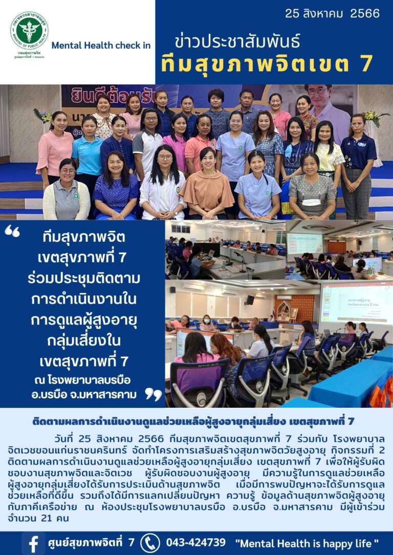 ทีมสุขภาพจิต เขตสุขภาพที่ 7 ร่วมประชุมติดตาม การดำเนินงานใน การดูแลผู้สูงอายุ กลุ่มเสี่ยงใน เขตสุขภาพที่ 7 ณ โรงพยาบาลบรบือ อ.บรบือ จ.มหาสารคาม