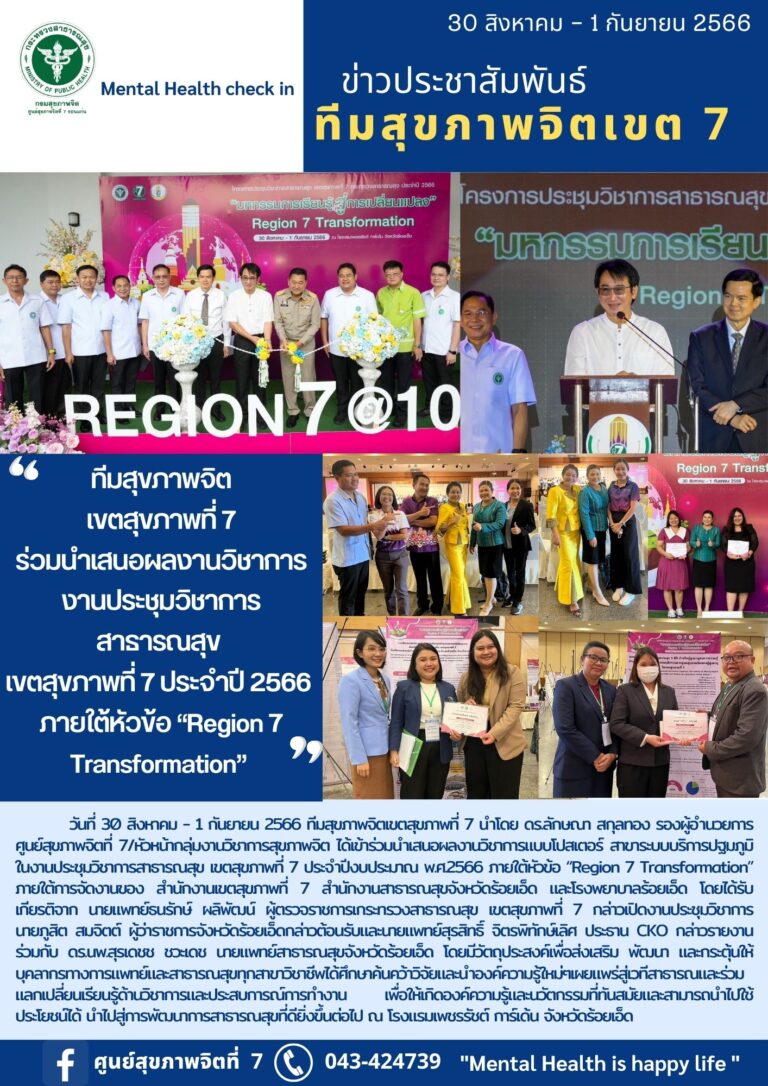 ทีมสุขภาพจิต เขตสุขภาพที่ 7 ร่วมนำเสนอผลงานวิชาการ งานประชุมวิชาการ สาธารณสุข เขตสุขภาพที่ 7 ประจำปี 2566 ภายใต้หัวข้อ “Region 7 Transformation”