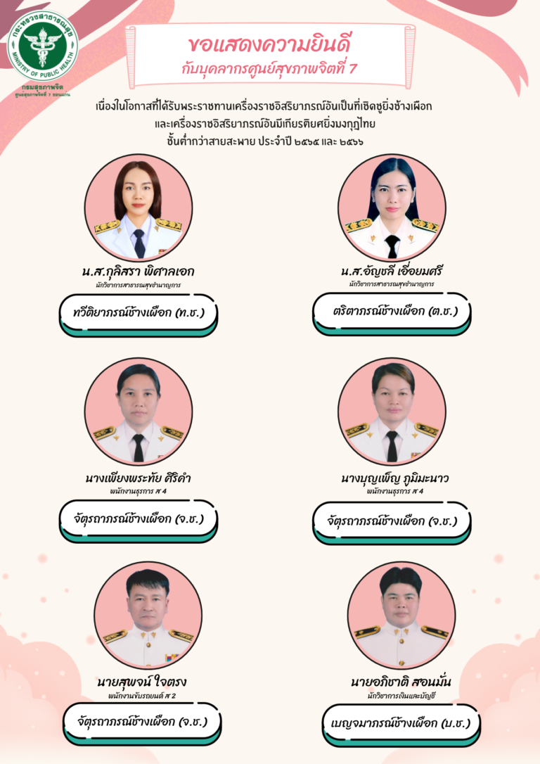 ขอแสดงความยินดี กับบุคลากรศูนย์สุขภาพจิตที่ 7 เนื่องในโอกาสที่ได้รับพระราชทานเครื่องราชอิสริยาภรณ์อันเป็นที่เชิดชูยิ่งช้างเผือก และเครื่องราชอิสริยาภรณ์อันมีเกียรติยศยิ่งมงกุฎไทย ชั้นต่ำกว่าสายสะพาย ประจำปี 2565 และ 2566