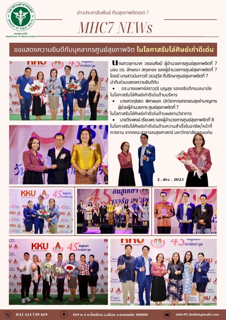 ขอแสดงความยินดีกับบุคลากรศูนย์สุขภาพจิต ในโอกาสรับโล่ศิษย์เก่าดีเด่น