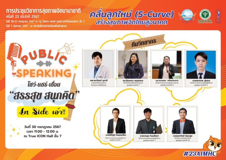 การประชุมวิชาการสุขภาพจิตนานาชาติ ครั้งที่ 23 ประจำปี 2567 “คลื่นลูกใหม่ (S-Curve) สร้างสุขภาพจิตไทยสู่อนาคต (The New S-Curve of Mental Health)”