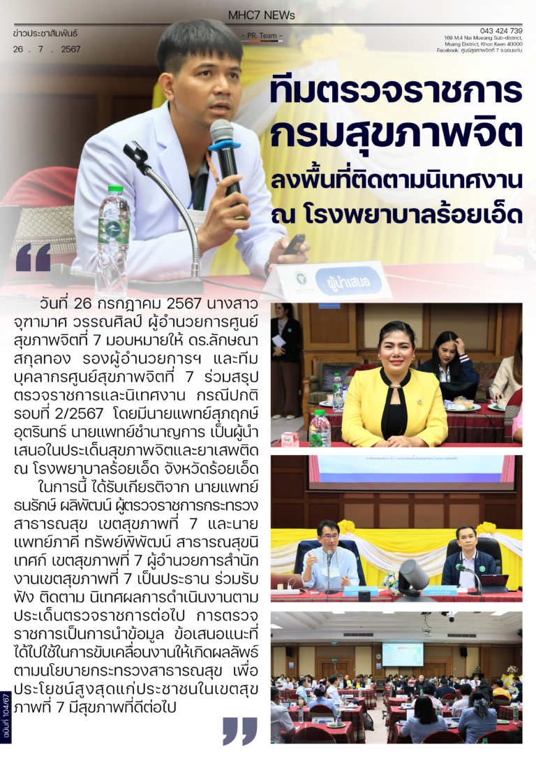 ทีมตรวจราชการ กรมสุขภาพจิต ลงพื้นที่ติดตามนิเทศงาน ณ โรงพยาบาลร้อยเอ็ด