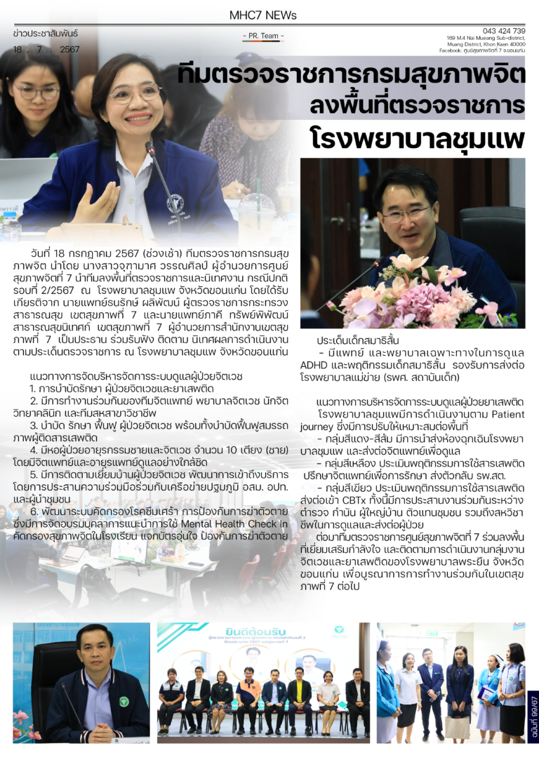 ทีมตรวจราชการกรมสุขภาพจิตลงพื้นที่ตรวจราชการโรงพยาบาลชุมแพ