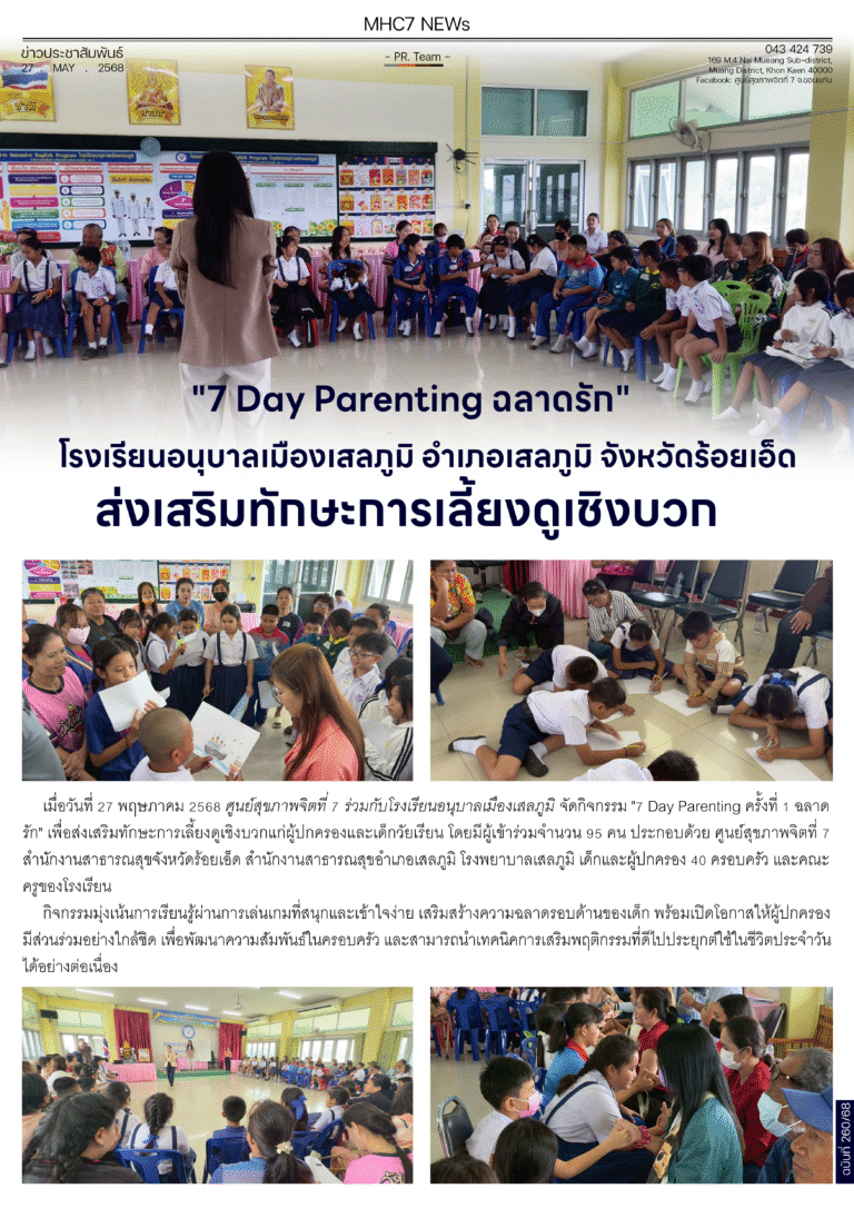 “7 Day Parenting ฉลาดรัก “โรงเรียนอนุบาลเมืองเสลภูมิ อำเภอเสลภูมิ จังหวัดร้อยเอ็ด ส่งเสริมทักษะการเลี้ยงดูเชิงบวก
