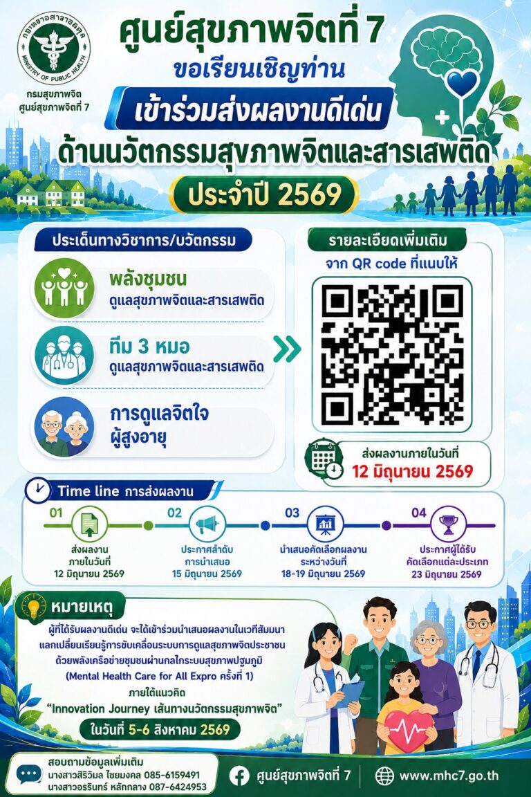 ศูนย์สุขภาพจิตที่ 7 ขอเชิญส่งผลงานวิชาการ/นวัตกรรมด้านสุขภาพจิตและสารเสพติด ประจำปี 2569