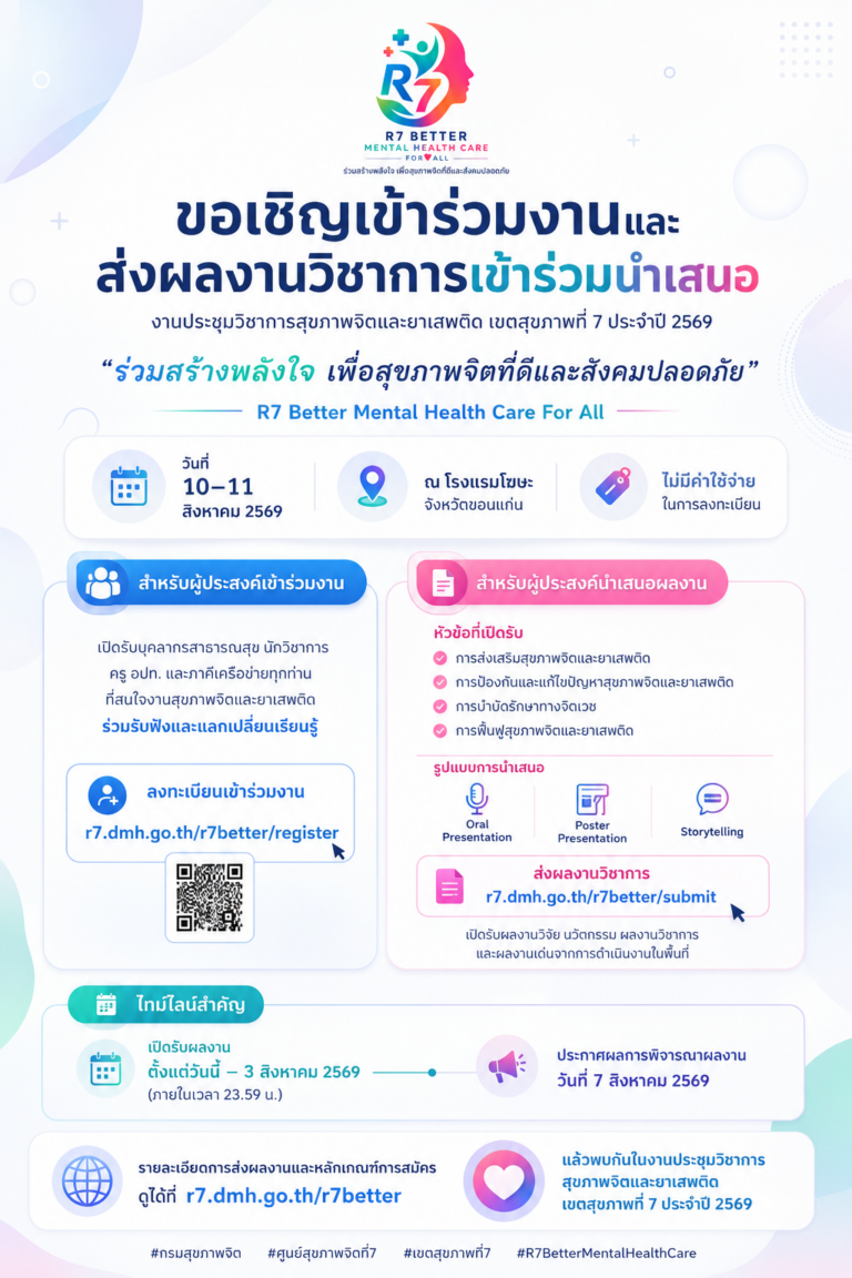 📣 ขอเชิญเข้าร่วมงานและส่งผลงานวิชาการเข้าร่วมนำเสนอ 🩵 งานประชุมวิชาการสุขภาพจิตและยาเสพติด เขตสุขภาพที่ 7 ประจำปี 2569 ภายใต้แนวคิด”ร่วมสร้างพลังใจ เพื่อสุขภาพจิตที่ดีและสังคมปลอดภัย”R7 Better Mental Health Care For All