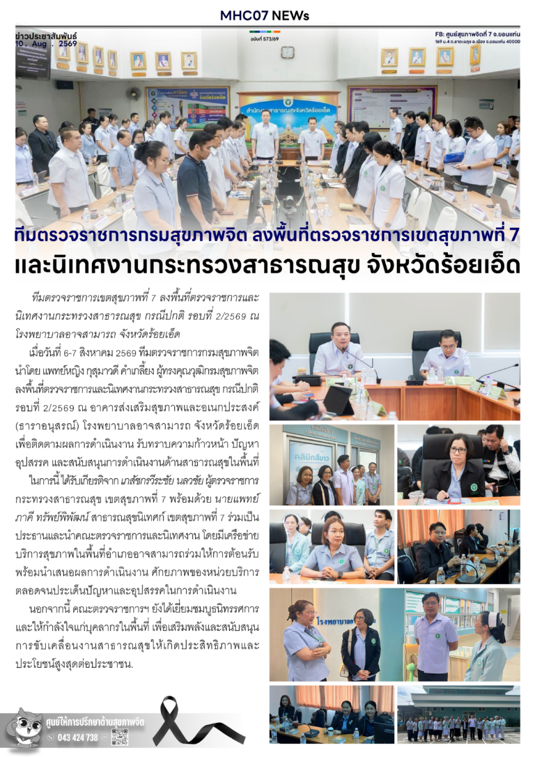 ทีมตรวจราชการกรมสุขภาพจิต ลงพื้นที่ตรวจราชการเขตสุขภาพที่ 7 และนิเทศงานกระทรวงสาธารณสุข จังหวัดร้อยเอ็ด