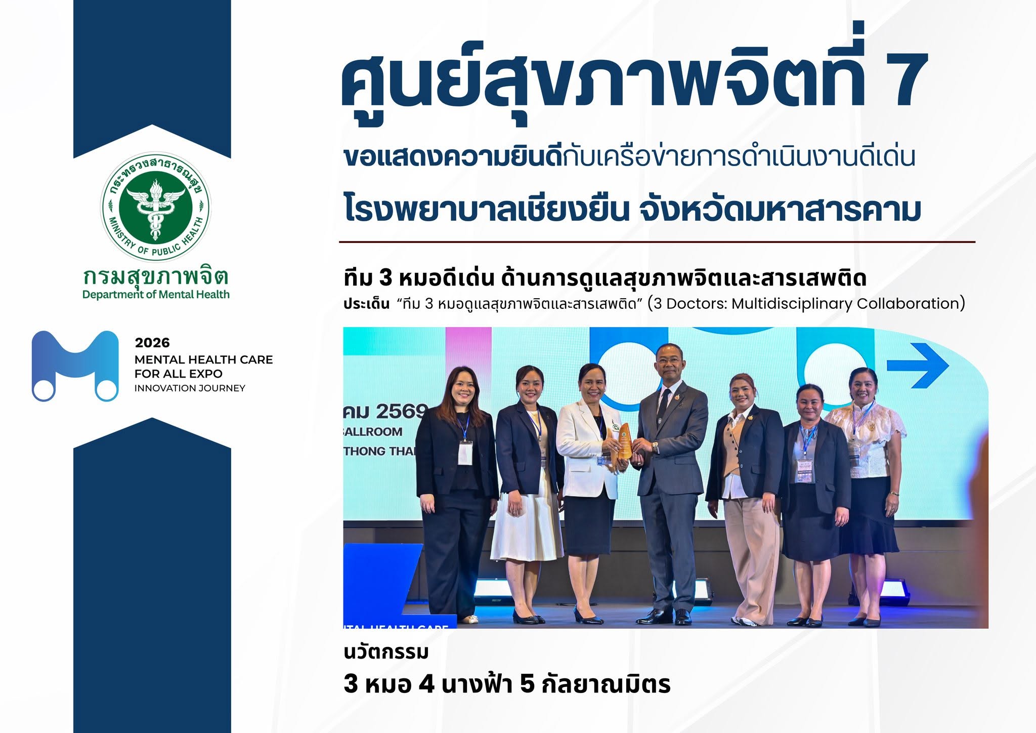 ศูนย์สุขภาพจิตที่ 7 ขอแสดงความยินดี โรงพยาบาลเชียงยืน รับรางวัลทีม 3 หมอดีเด่น ด้านการดูแลสุขภาพจิตและสารเสพติด