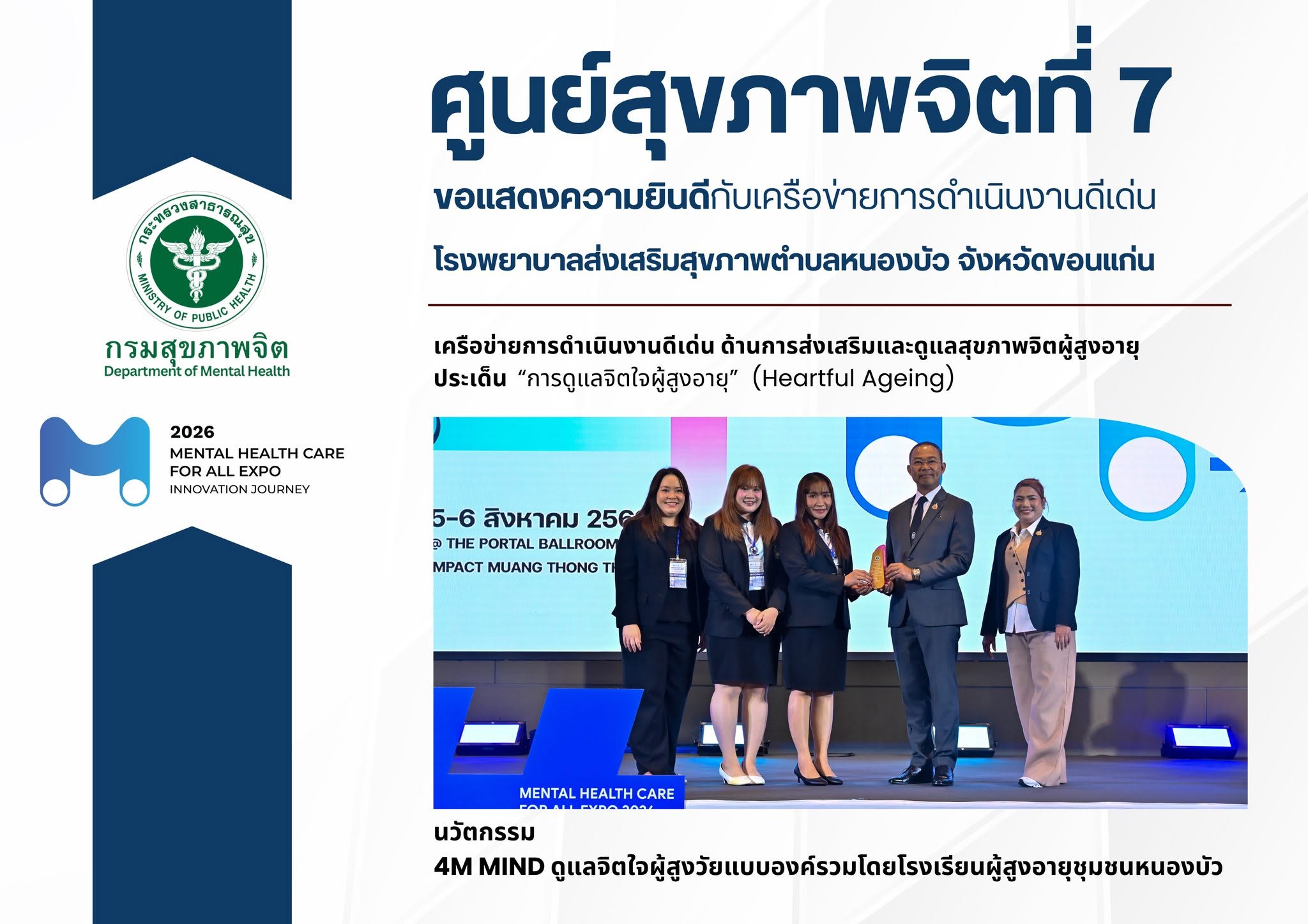 ศูนย์สุขภาพจิตที่ 7 ขอแสดงความยินดี โรงพยาบาลส่งเสริมสุขภาพตำบลหนองบัว รับรางวัลเครือข่ายการดำเนินงานดีเด่น ด้านการดูแลสุขภาพจิตผู้สูงอายุ (4M Mind)