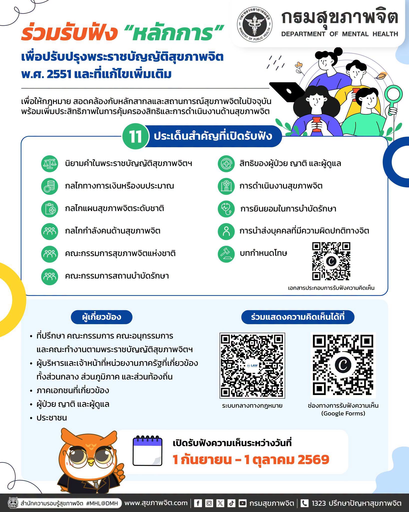 🗣️ ร่วมรับฟัง “หลักการ” เพื่อปรับปรุงพระราชบัญญัติสุขภาพจิต พ.ศ. 2551 และที่แก้ไขเพิ่มเติม