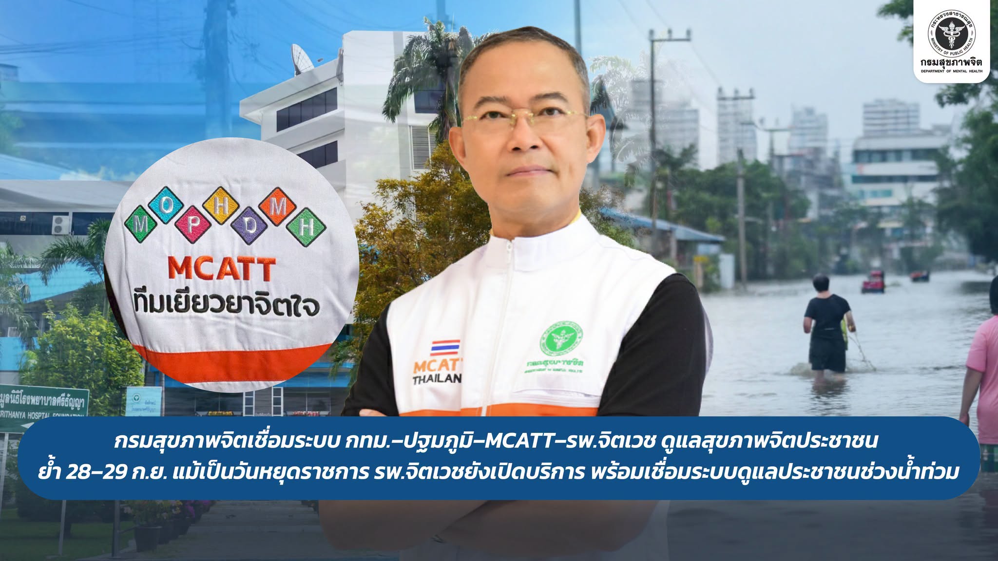 กรมสุขภาพจิตเชื่อมระบบ กทม.–ปฐมภูมิ–MCATT–รพ.จิตเวช ดูแลสุขภาพจิตประชาชน ย้ำ 28–29 ก.ย. แม้เป็นวันหยุดราชการ รพ.จิตเวชยังเปิดบริการ พร้อมเชื่อมระบบดูแลประชาชนช่วงน้ำท่วม