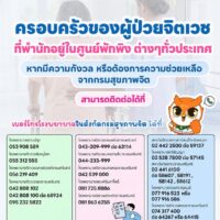 💚 กรมสุขภาพจิต ห่วงใยครอบครัวผู้ป่วยจิตเวชที่พำนักอยู่ในศูนย์พักพิงทั่วประเทศ หากท่านมีความกังวลเกี่ยวกับการดูแลผู้ป่วยจิตเวช หรือต้องการคำแนะนำและความช่วยเหลือ