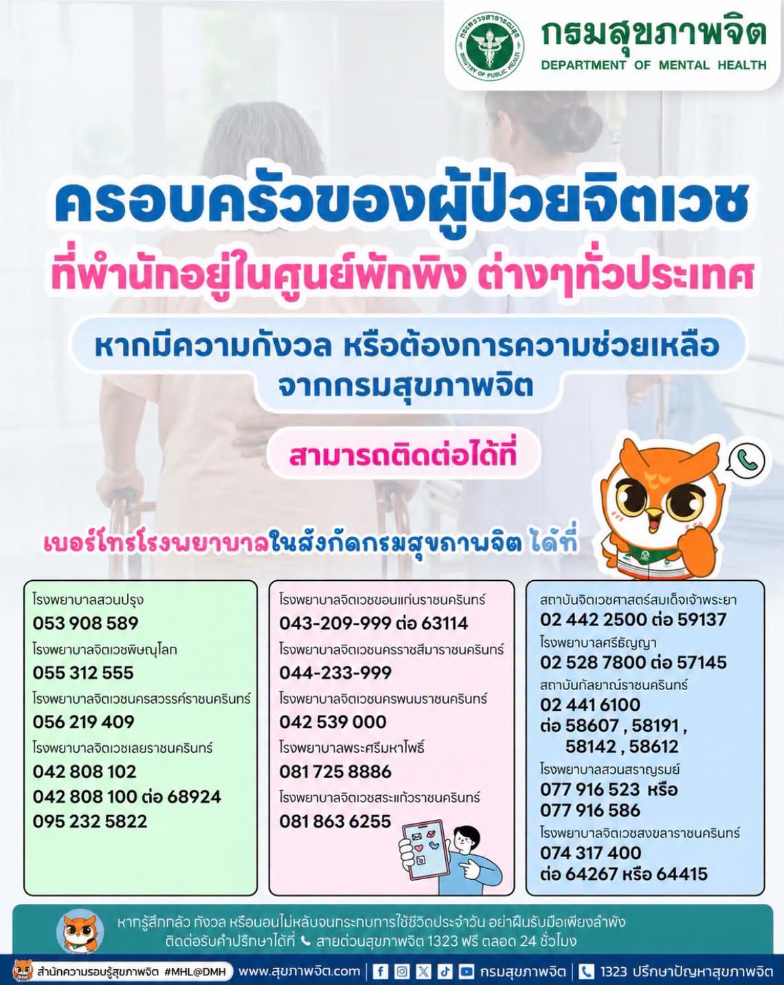 💚 กรมสุขภาพจิต ห่วงใยครอบครัวผู้ป่วยจิตเวชที่พำนักอยู่ในศูนย์พักพิงทั่วประเทศ หากท่านมีความกังวลเกี่ยวกับการดูแลผู้ป่วยจิตเวช หรือต้องการคำแนะนำและความช่วยเหลือ